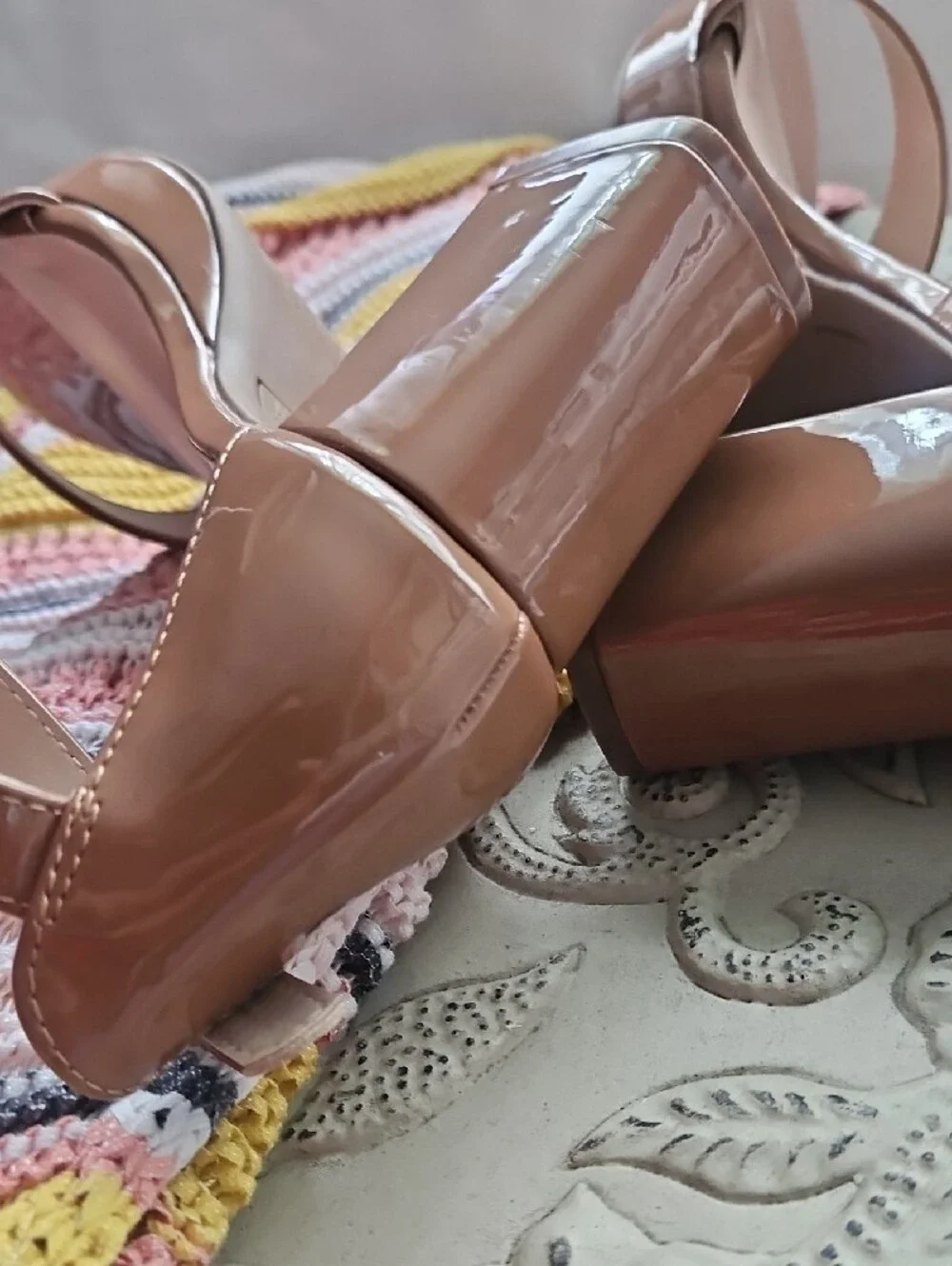 Jones New York Patent Nude Block Heel Sandals with Ankle Strap